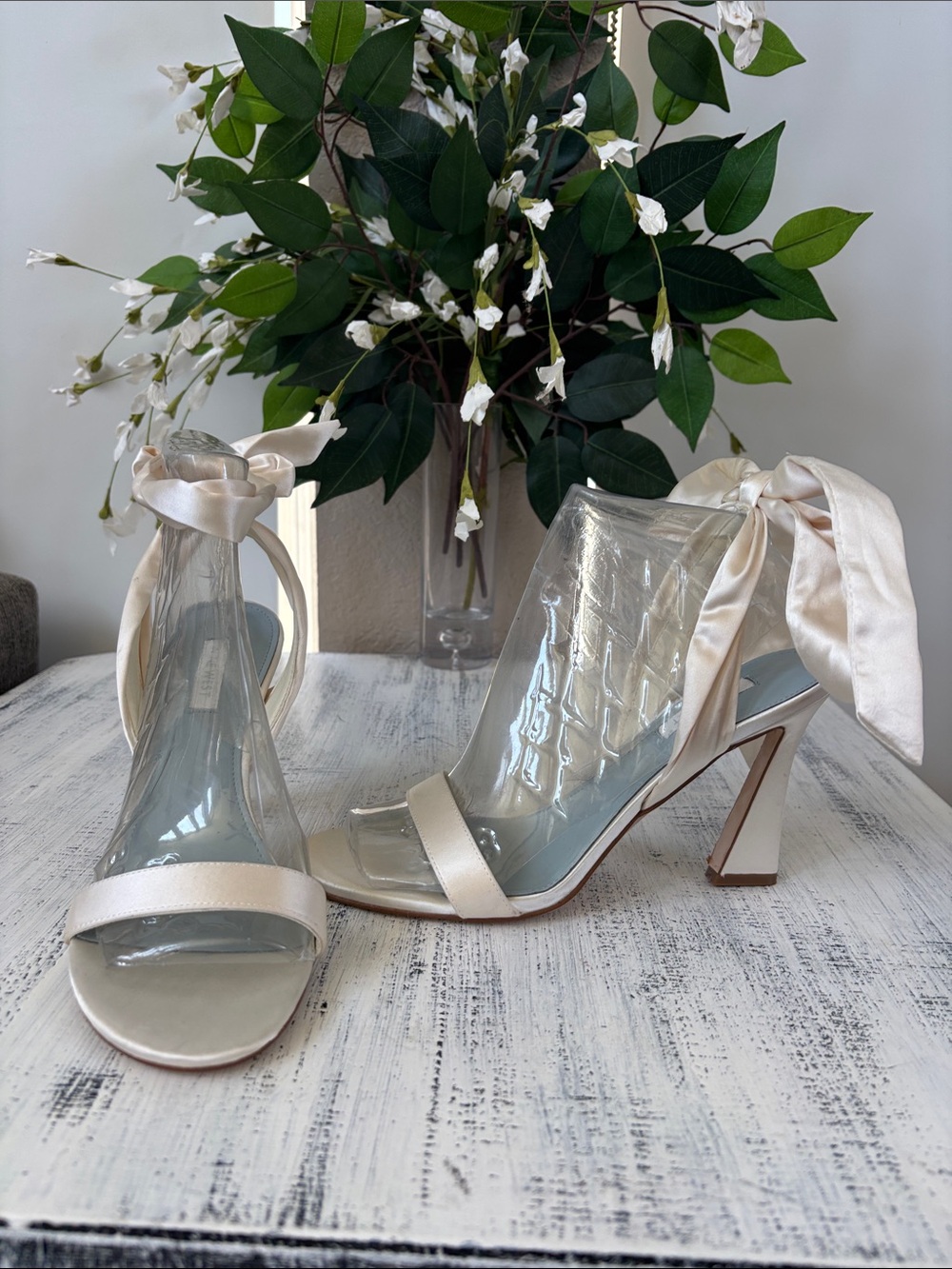 Nine West Cream Satin Tie-Heel Sandals with Clear Panels